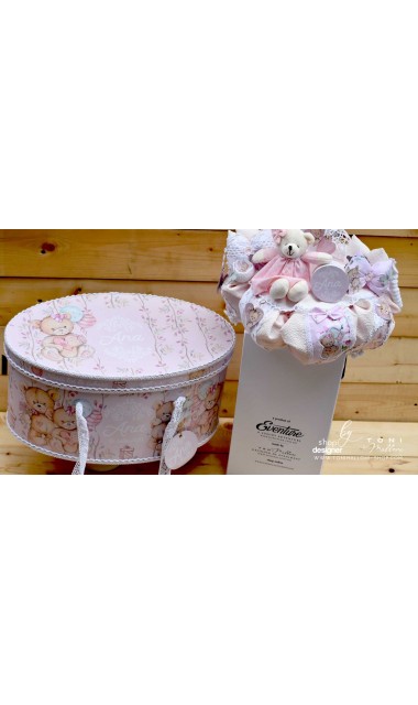 Lumanare de botez cu ursuleti roz, dantela roz si pattern floral cu trandafiri Teddy Bear Pink 18